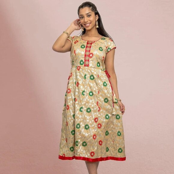 Ivory and Beige Silk Knee-Length Dress | Muvvas Boutique - Picture 1 of 4